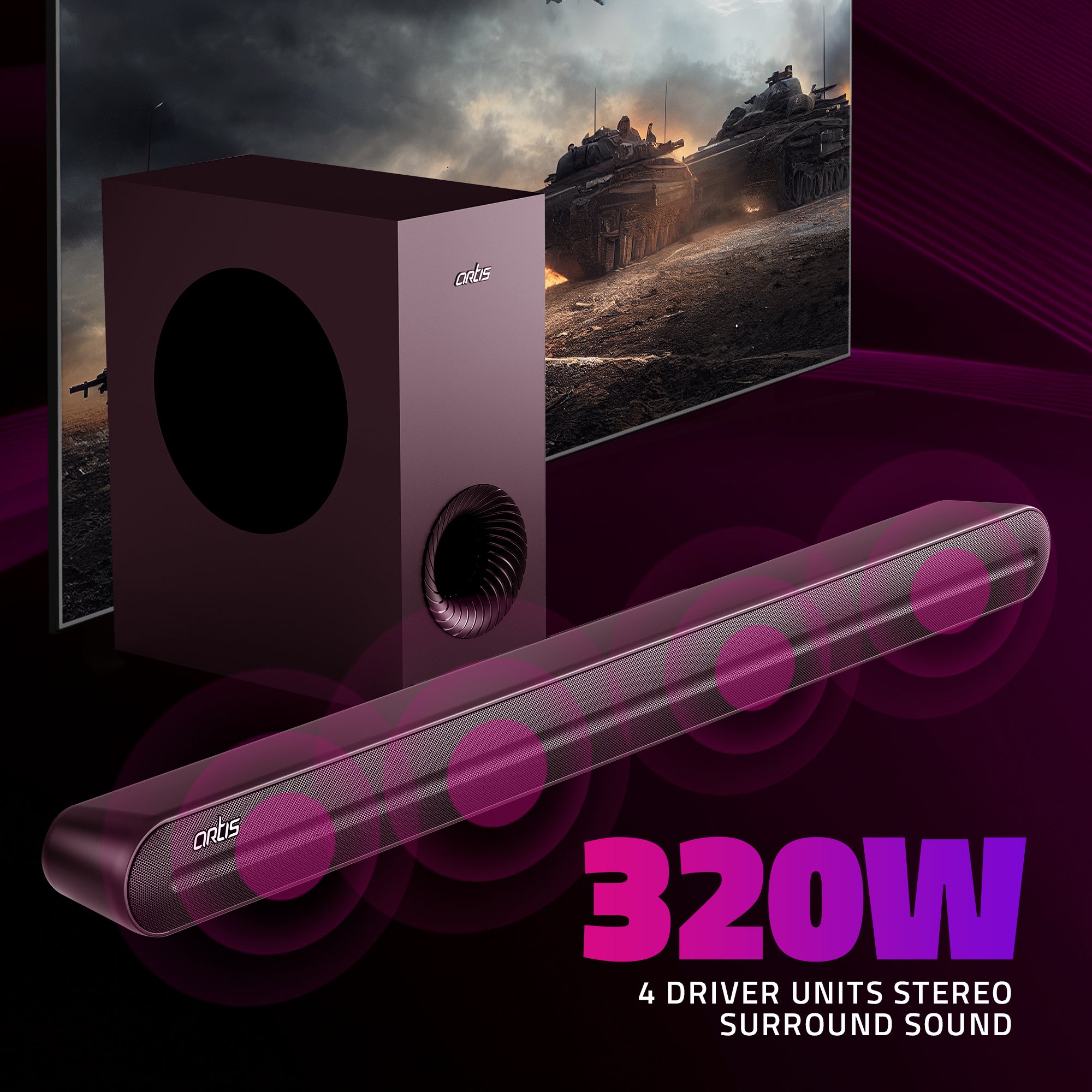 SoundHub 410  320W 2.1Channel Wireless Bluetooth Sound bar & wireless Subwoofer, 3 EQ Presets, 4 Driver units & Input Modes: Bluetooth/ HDMI(ARC) / AUX in /COAXIAL /OPTICAL / USB Input