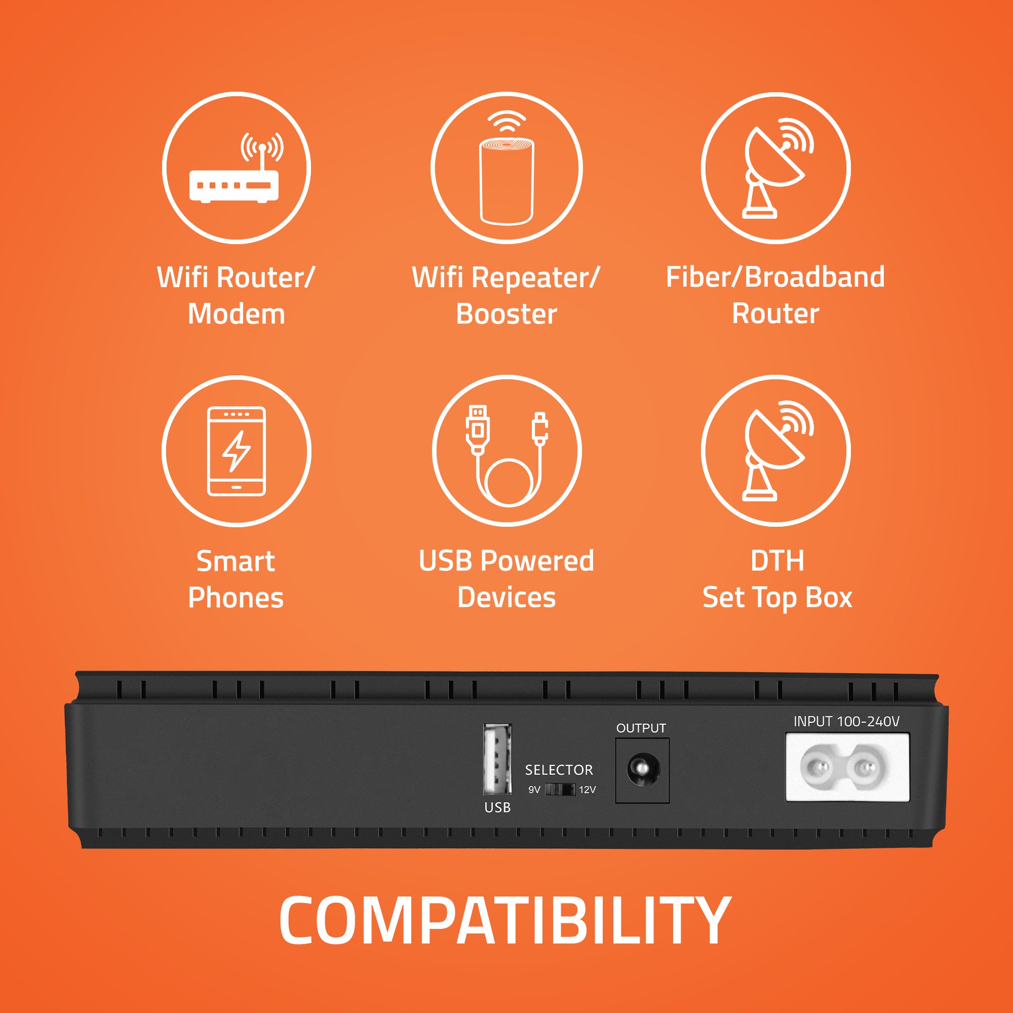 AR-MINIDC-2 Mini UPS for WiFi Router/Modem/Set top Box Devices. 8800mAh Battery. Supports 9V/12V-1A/1.5A/2A Routers. USB Port Phone Charging. Battery Level Indicator. BIS Certified